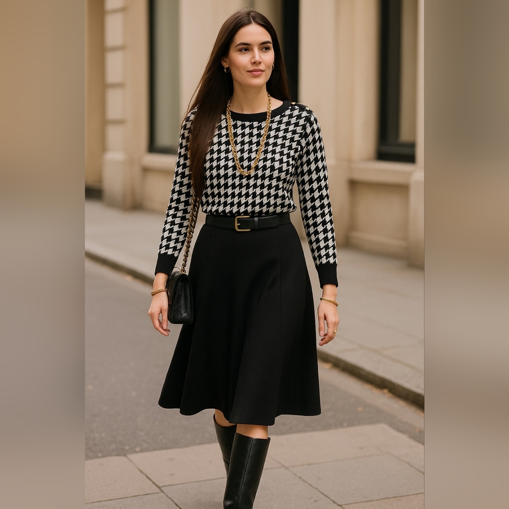 Vintage Carolyn Taylor Houndstooth Sweater Gold Button Shoulder Black White M - Picture 1 of 15